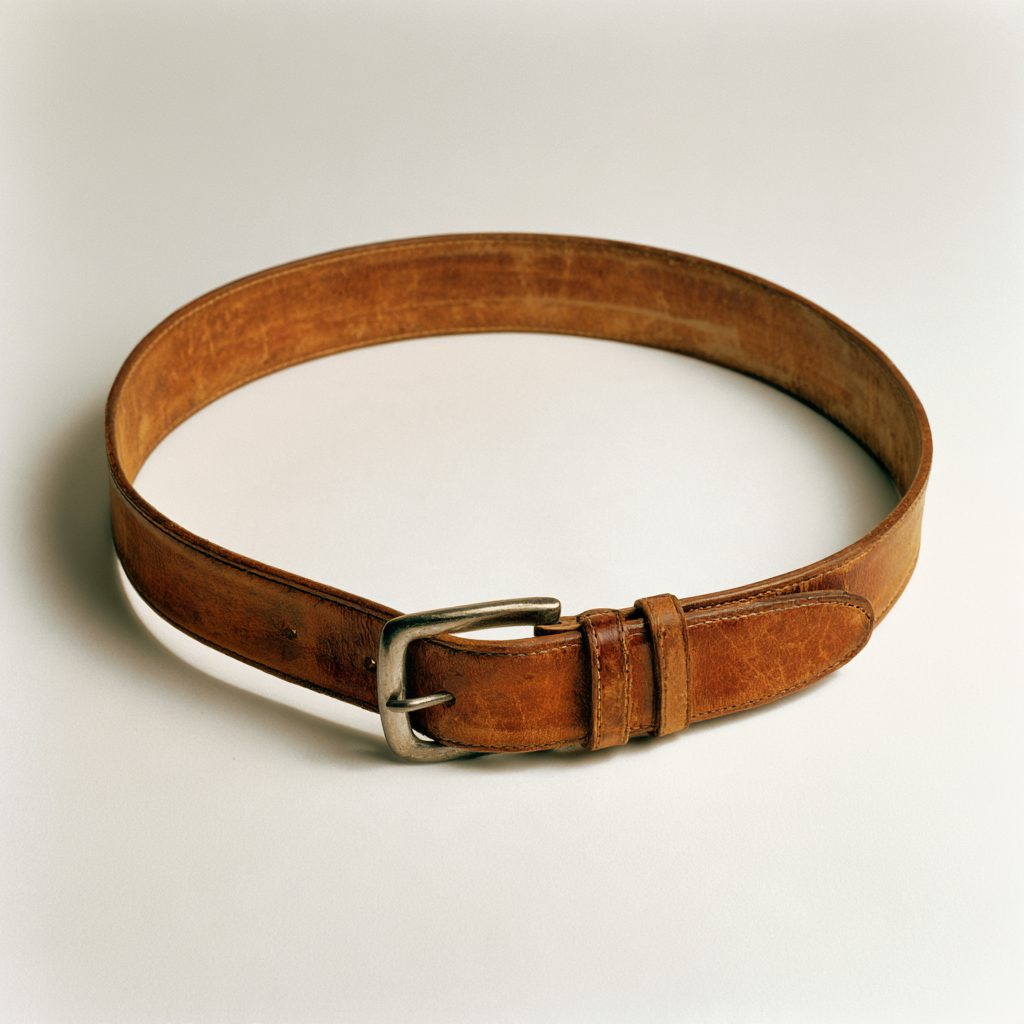 A worn cognac leather belt, coiled — the namesake