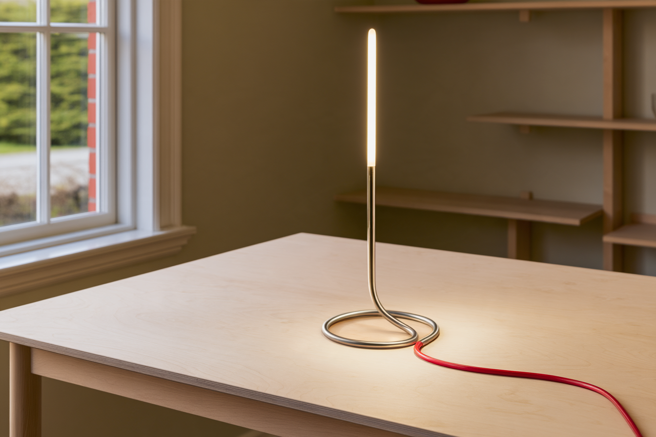 FlexLamp on a pale plywood table in natural window light