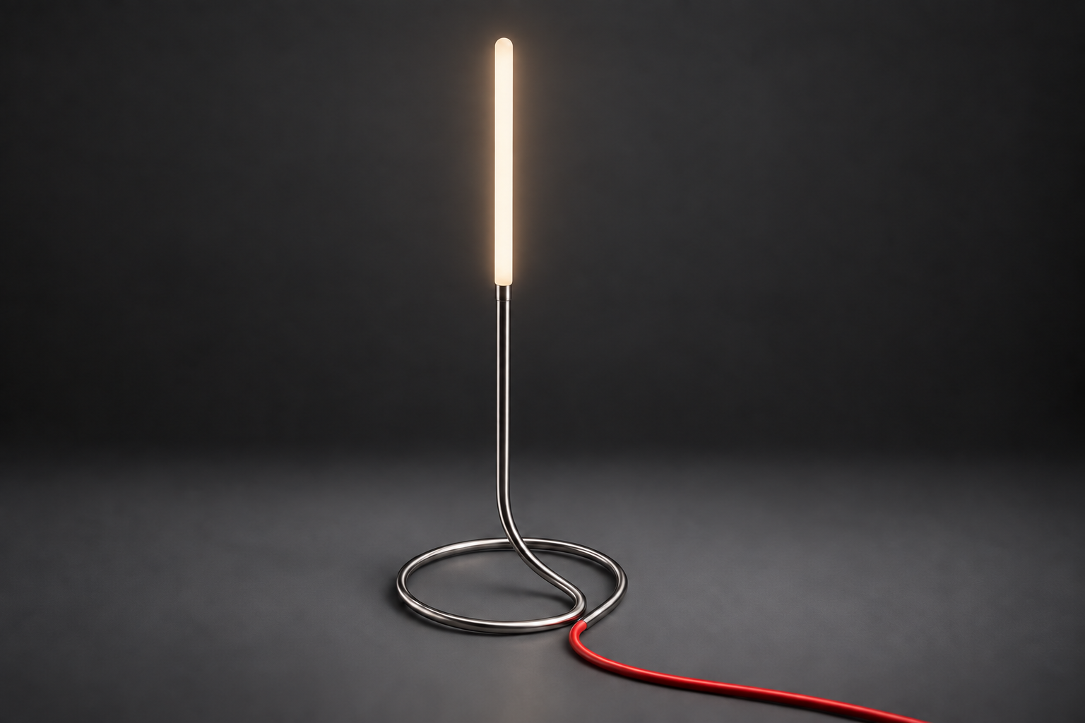 FlexLamp lit against a dark ground, steel loop base and red cable