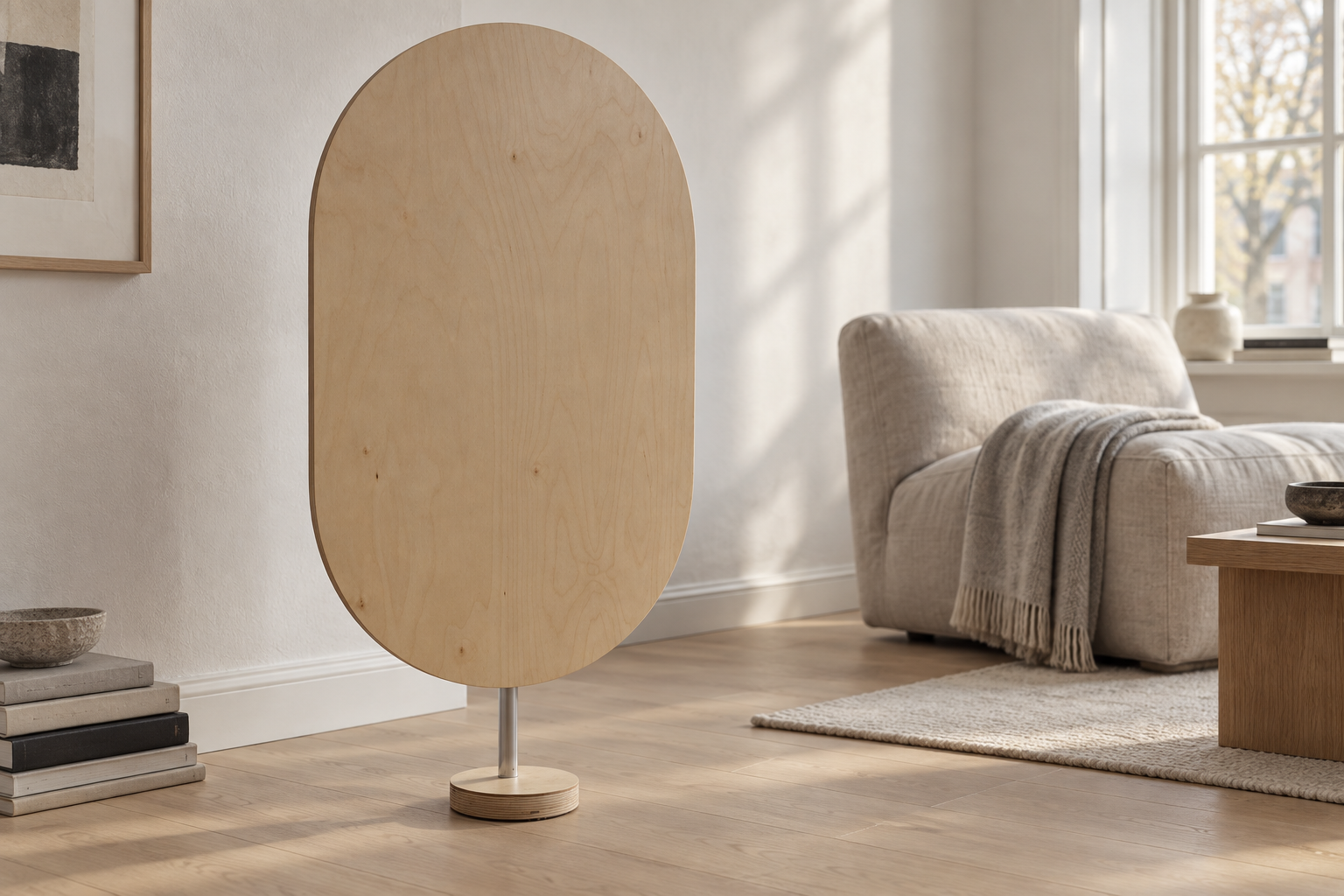 Oval birch-panel hojtaler standing in a living room