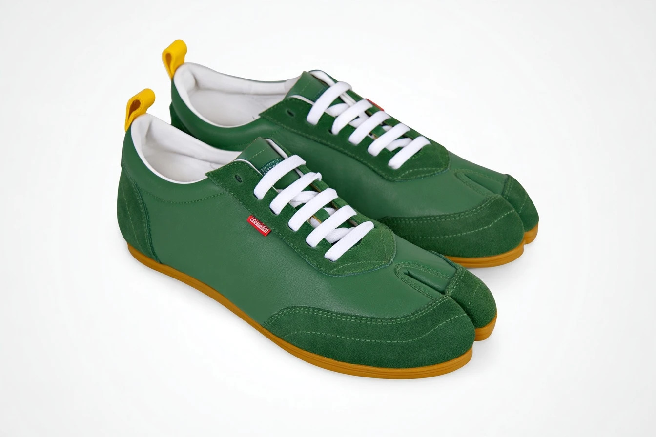 TABI split-toe shoes in green on a gum sole